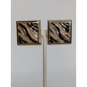 Kirks Folly Zebra Pattern Rhinestone Enamel Vintage Clip Gold Earrings